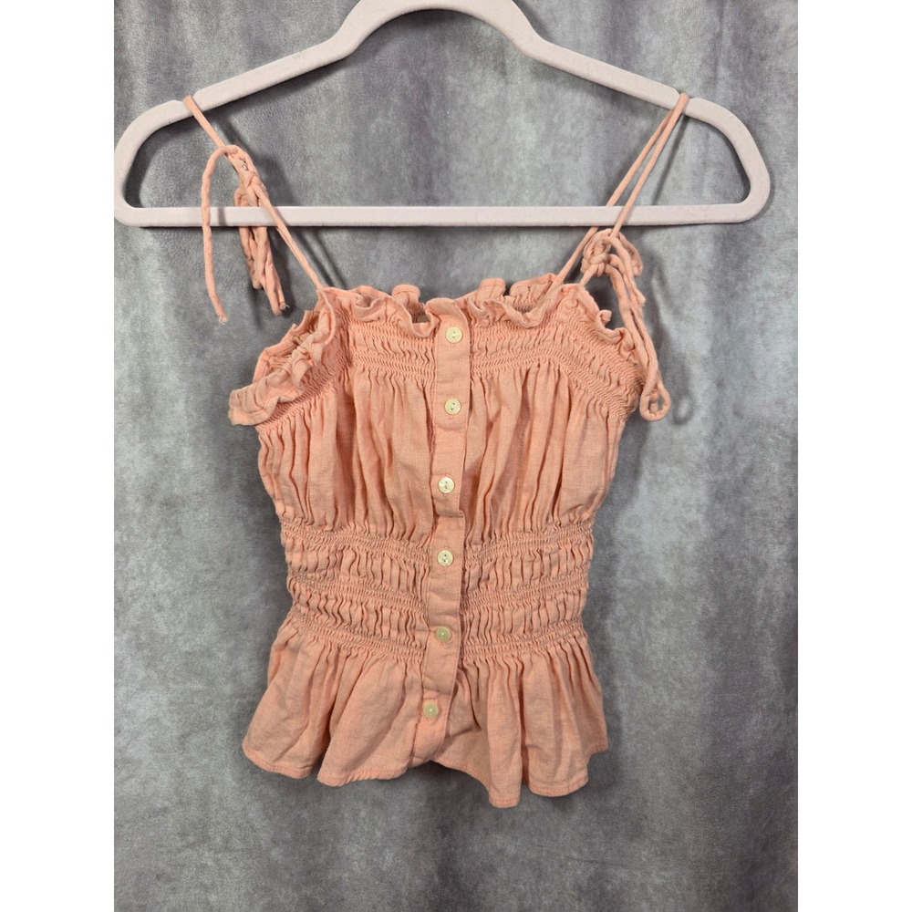 Universal Thread Peach Linen Blend Smocked faux Button Front Peplum Top Small